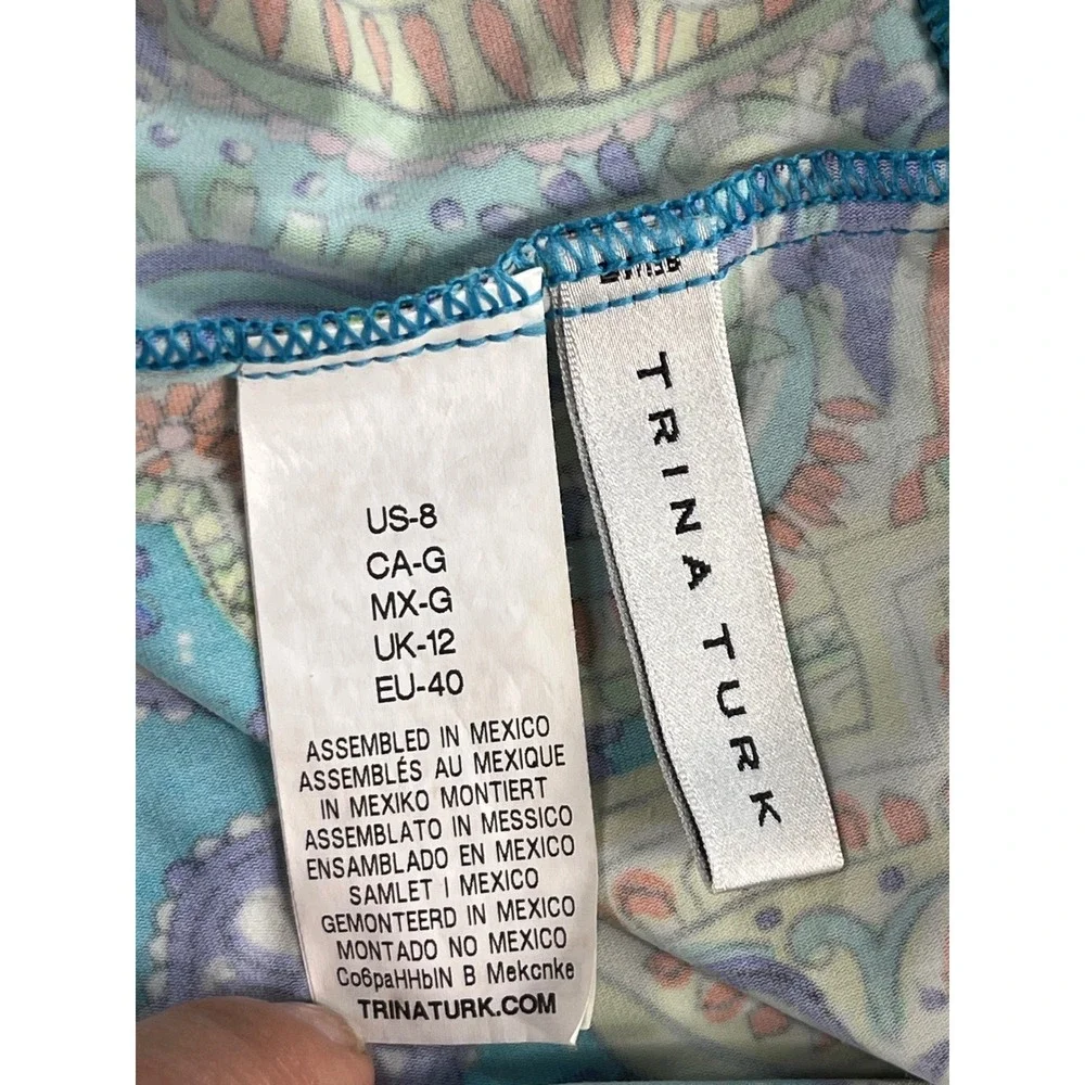 Trina Turk Womens Turquoise Yellow Paisley Tankini Swimsuit Set Size 8